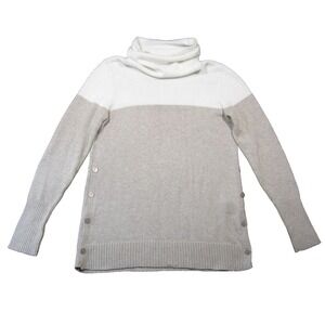 Tahari Turtleneck Sweater Womens M Tan‎ Cream Colorblock Side Button Waffle Knit